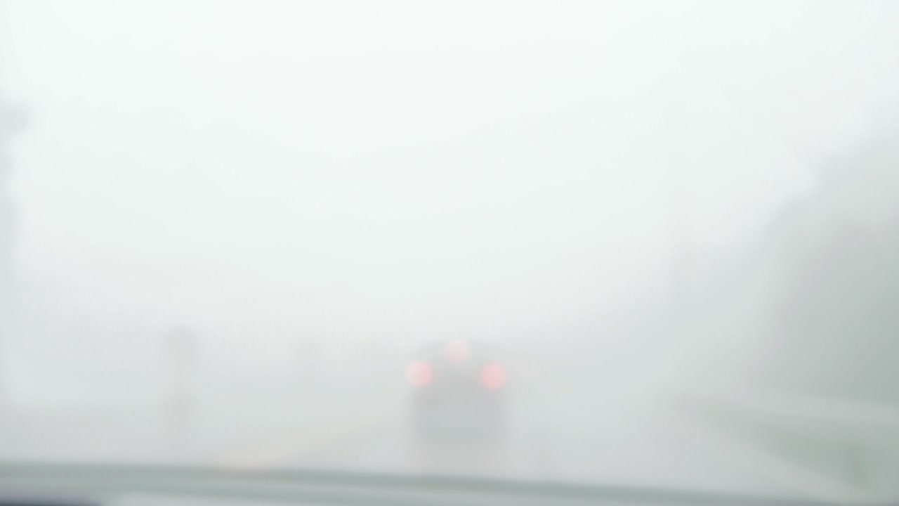 안개 흐린 도로에서 운전하는 차안보기