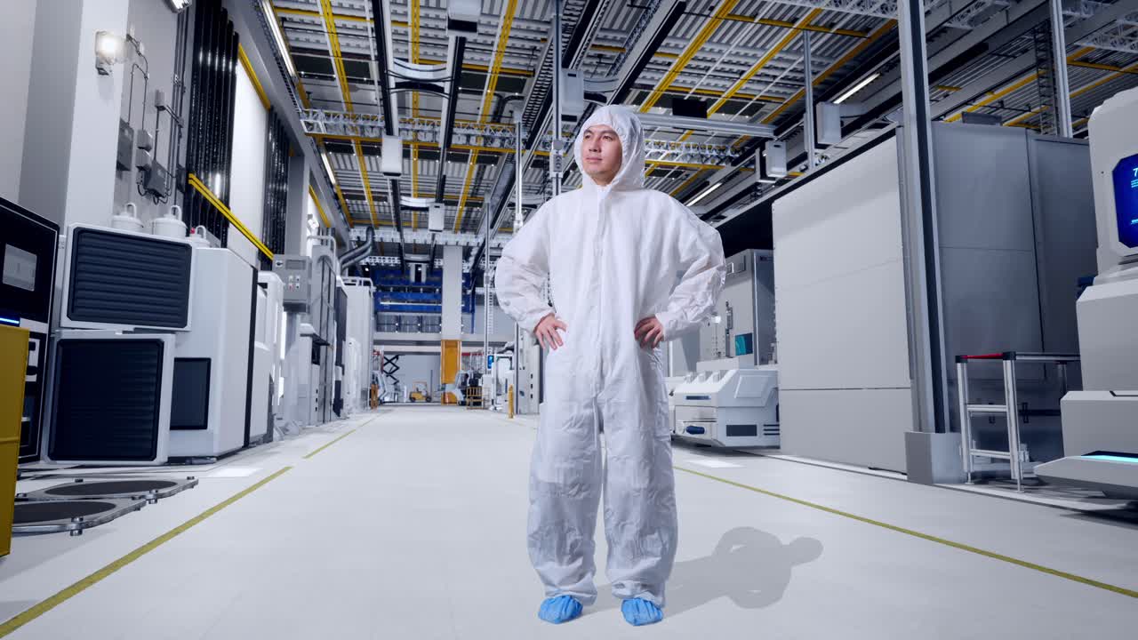 Cuerpo entero de un científico asiático con las manos en la cadera y mirando a su alrededor en una fábrica de semiconductores.