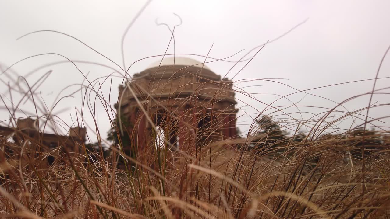 Gimbal static shot of the Palace of Fine Arts with grass in the foreground in San Francisco, California