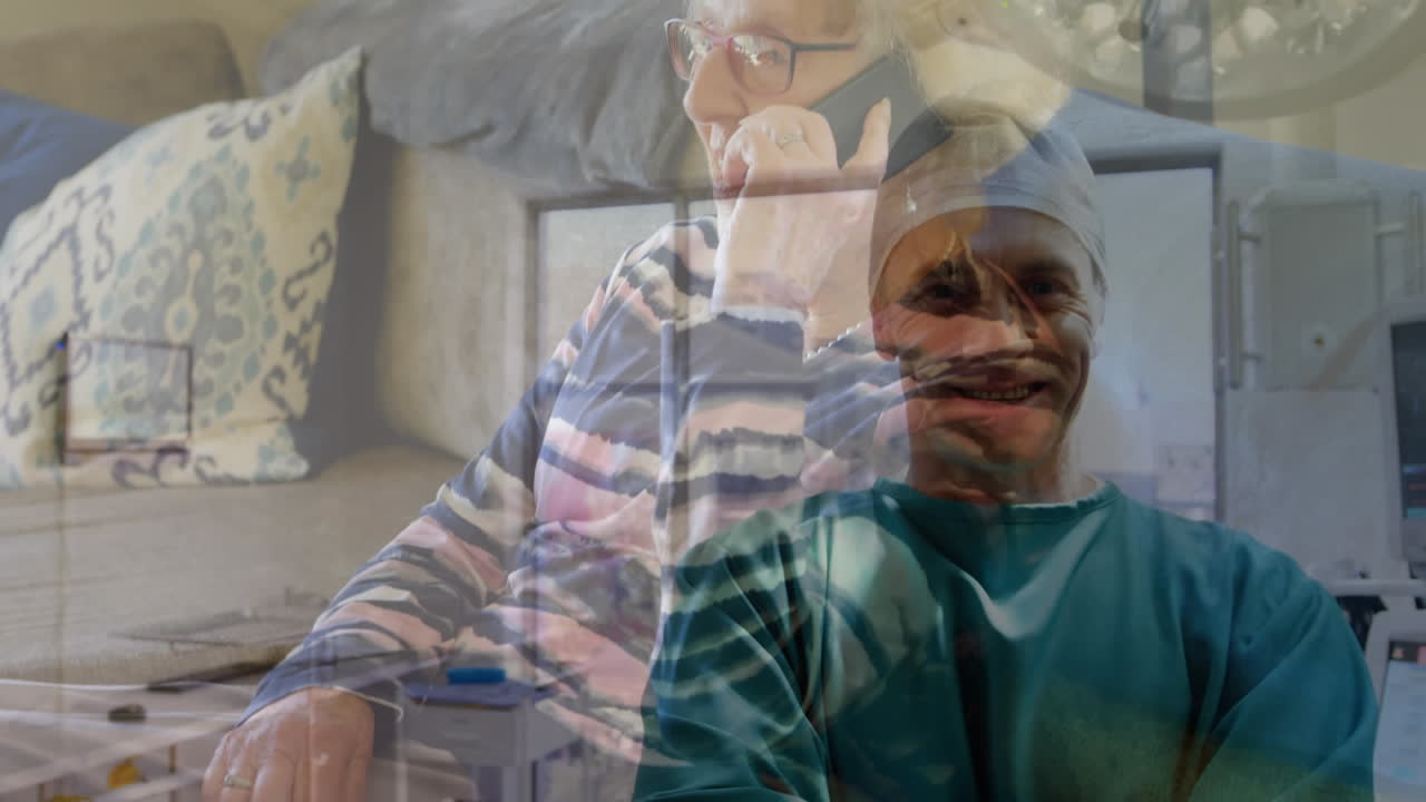 Animation of surgeons in operating room over caucasian senior men