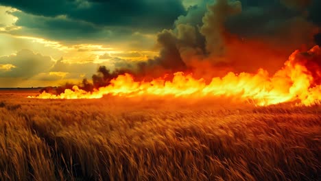 a field of wheat with a fire in the middle of it