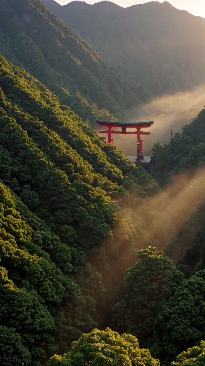 Aerial view of a red torii gate amidst lush green mountains with mist ...