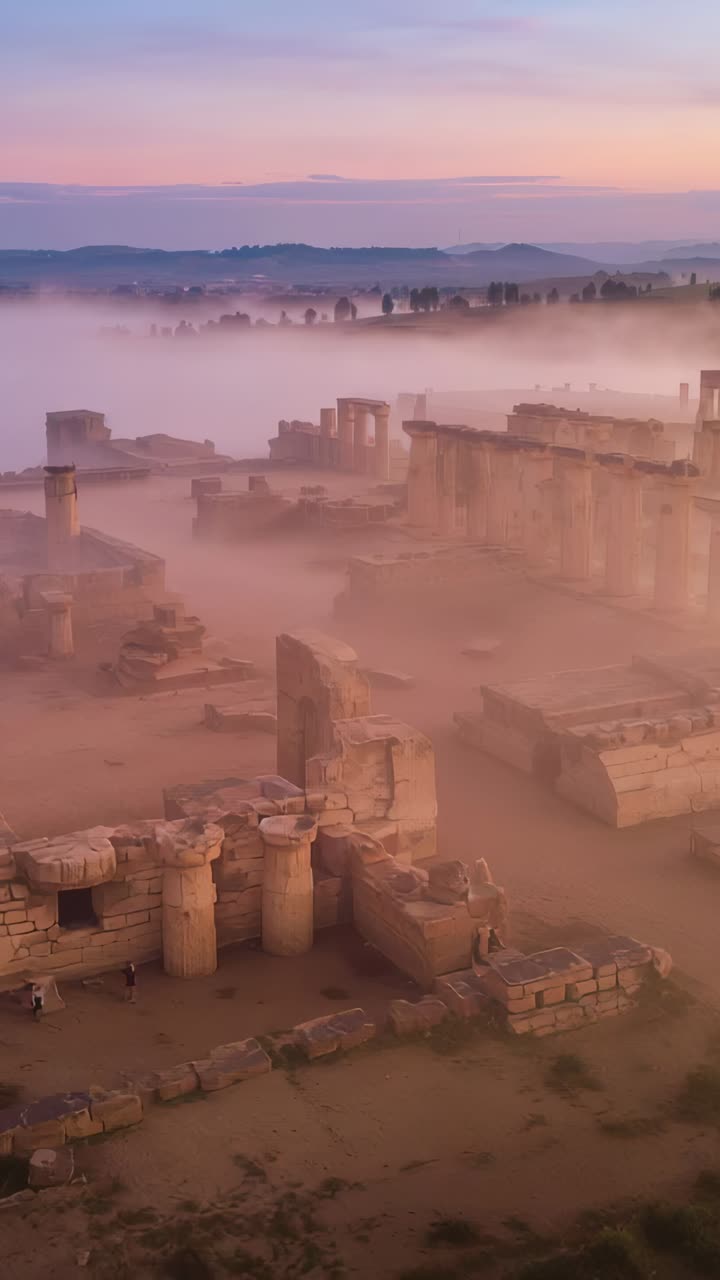 Vídeo vertical: un dron en movimiento escanea ruinas al amanecer, la niebla se disipa y visitantes con abrigos pasean por el lugar