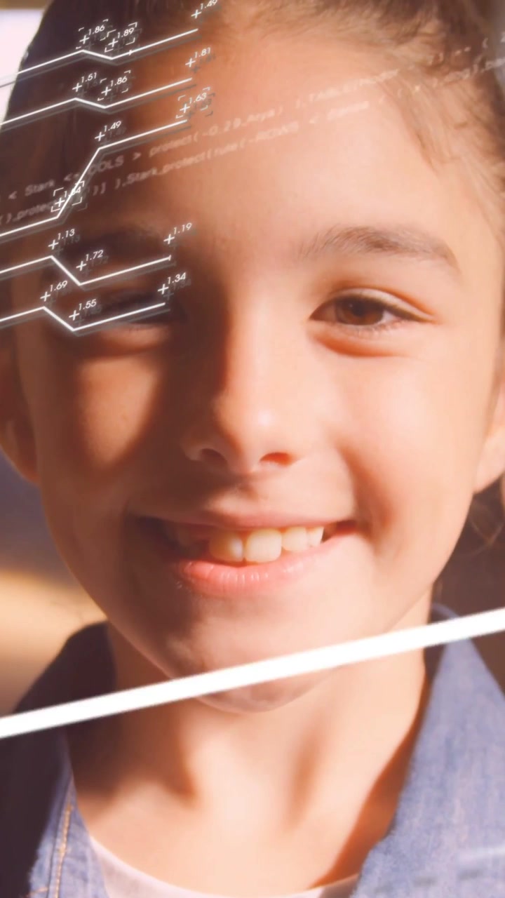 Vertical video: Girl tilting toward window light, HUD sweeping across face and mapping for tech