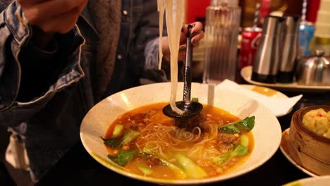 person enjoying a bowl of chinese noodle soup