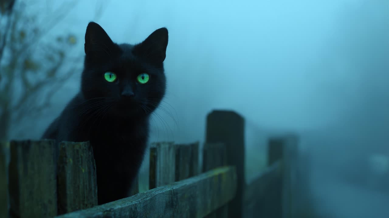 A Mysterious Black Cat with Striking Green Eyes Perched on a Wooden Fence in a Foggy Atmosphere, Capturing the Essence of Enigma and Nature's Beauty