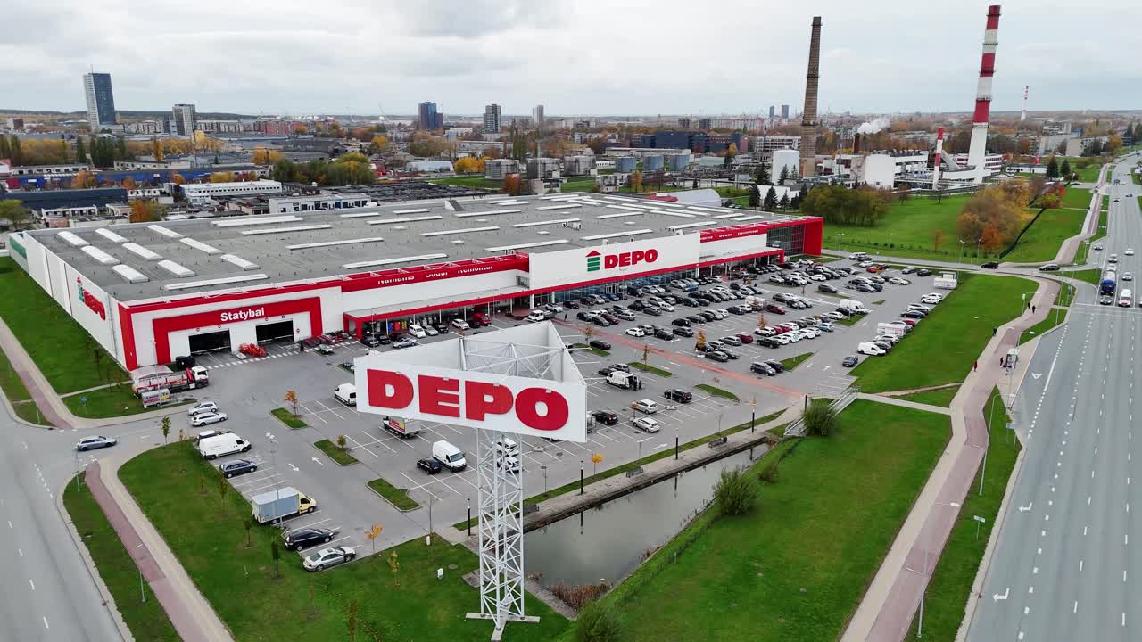 DEPO hardware store and warehouse in Klaipeda, Lithuania captured from above on a cloudy day
