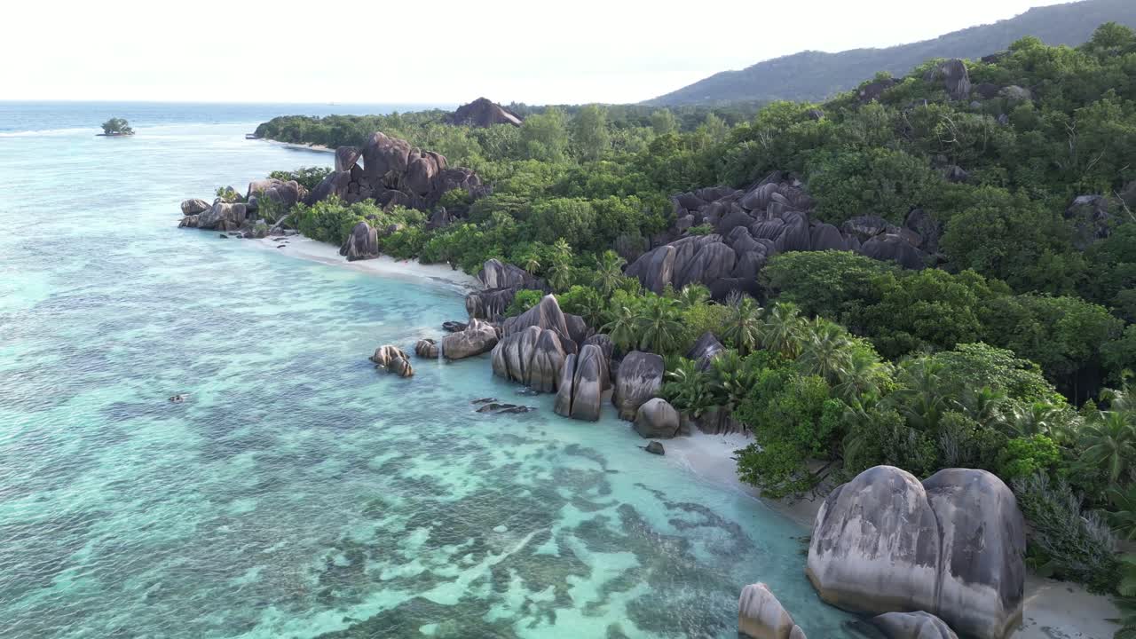 Rainforest landscape beach island of Mahe in Seychelles in Indian Ocean coast, Aerial view