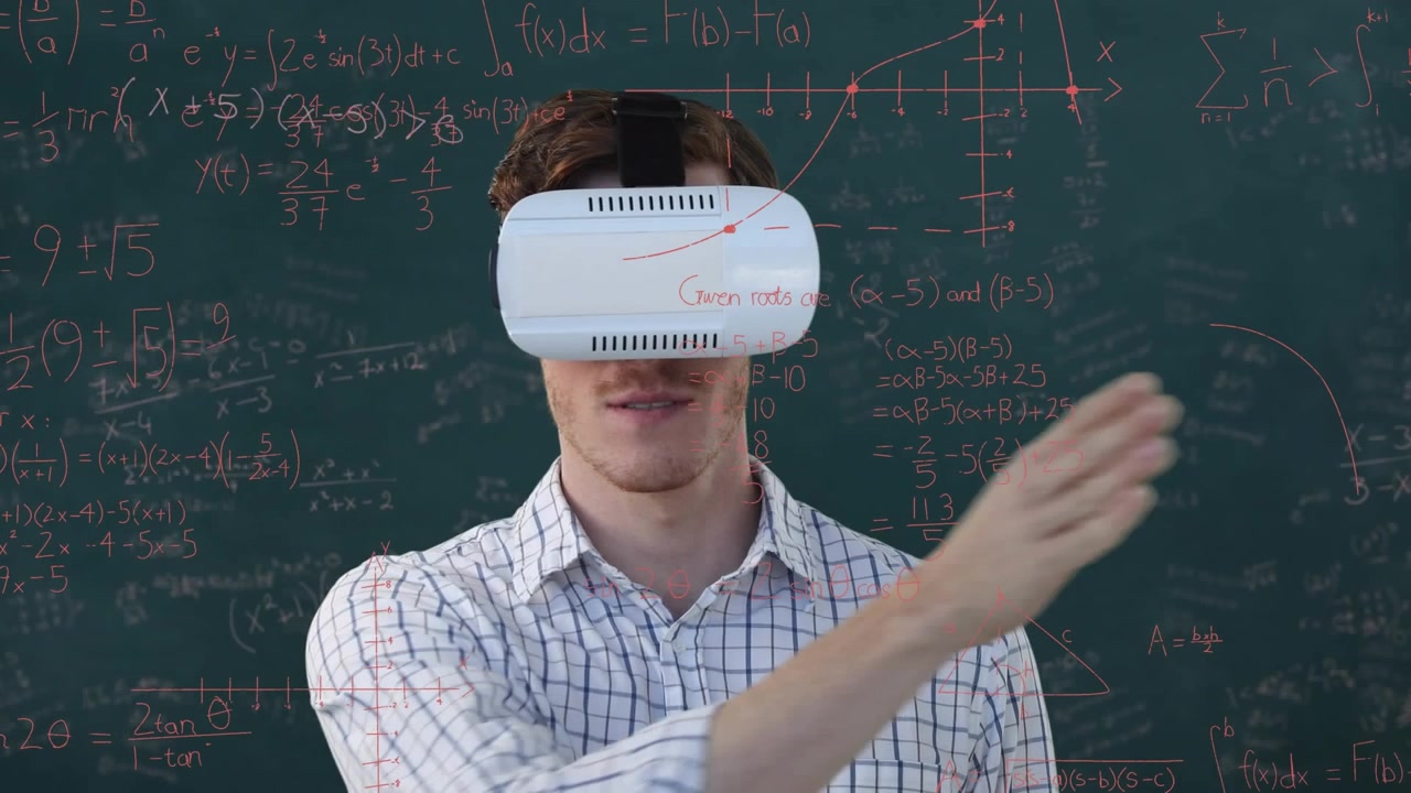 Animation of businessman wearing vr headset over data processing