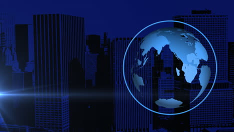 animation of globe spinning and cityscape on blue background