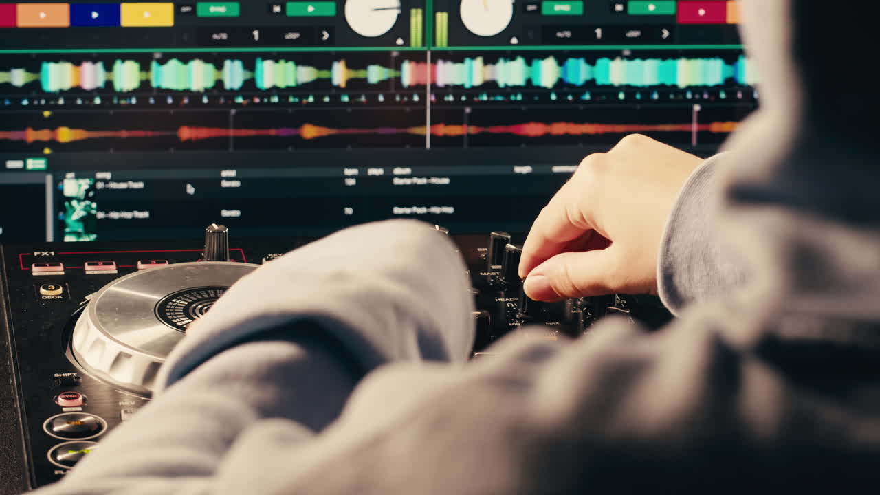 DJ with headphones and sunglasses playing music on festival in night club. Techno musician performing at nightclub for concert crowd of people, city bar.