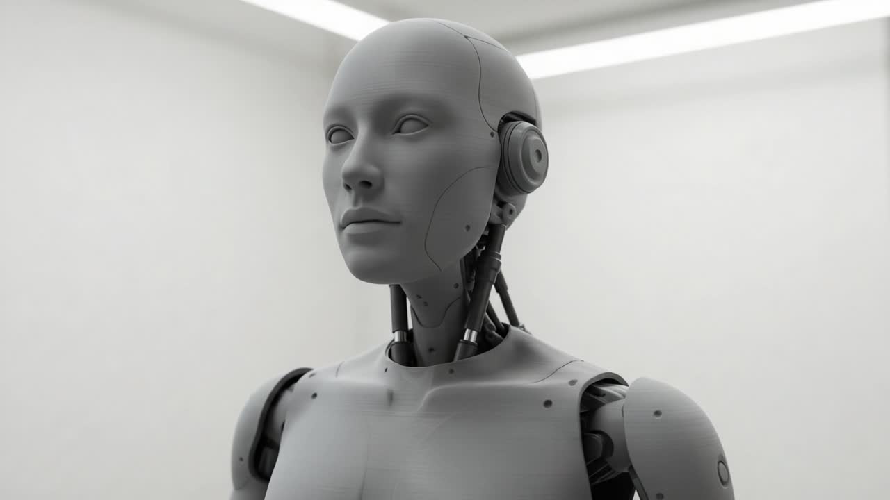 Exploring the Future of Technology: A Striking Close-Up of a Realistic Human-Like Robot with Advanced Features and a Unique Aesthetic in a Minimalist Setting