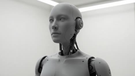exploring the future of technology: a striking close-up of a realistic human-like robot with advanced features and a unique aesthetic in a minimalist setting