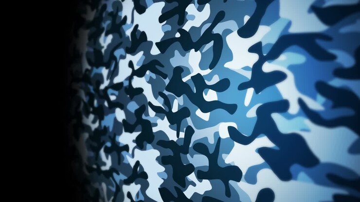 Blue camouflage pattern background. Military uniform concept. Abstract line and wave texture. Loop animation.