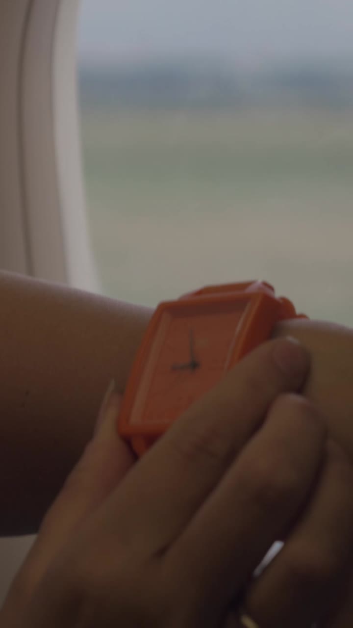 Persona che controlla l'ora su un orologio arancione mentre guarda fuori dal finestrino dell'aereo