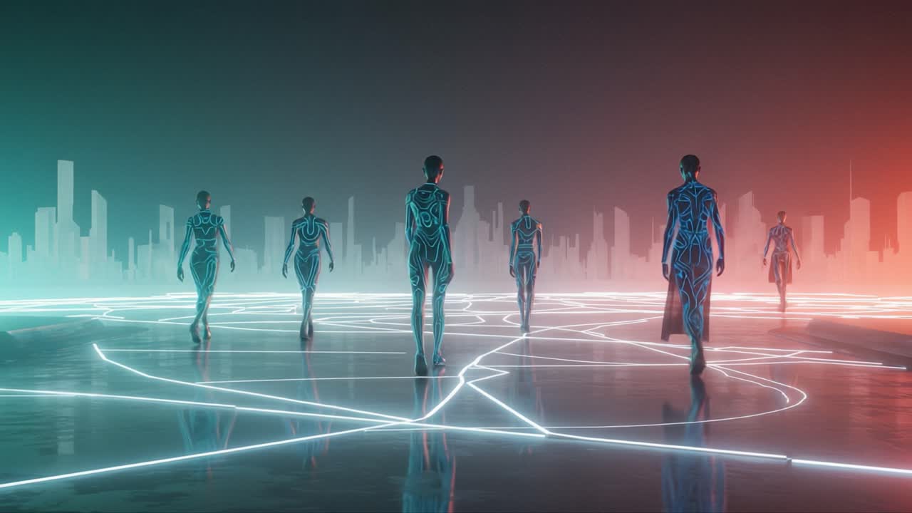 Futuristic Figures Walking in a Neon Cityscape with Illuminated Lines, Evoking a Sense of Technology and Mystery in a Sci-Fi Digital World