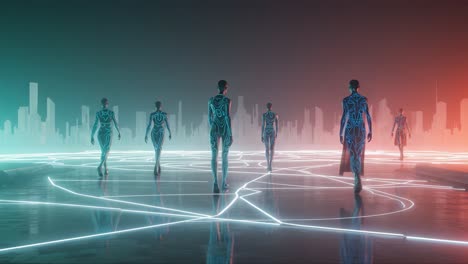 futuristic figures walking in a neon cityscape with illuminated lines, evoking a sense of technology and mystery in a sci-fi digital world