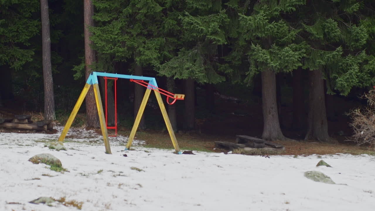 A beautiful nature video of a snowy mountain meadow , pine, fir and birch trees and a swing during winter on the Vitosha mountain in Sofia, Bulgaria