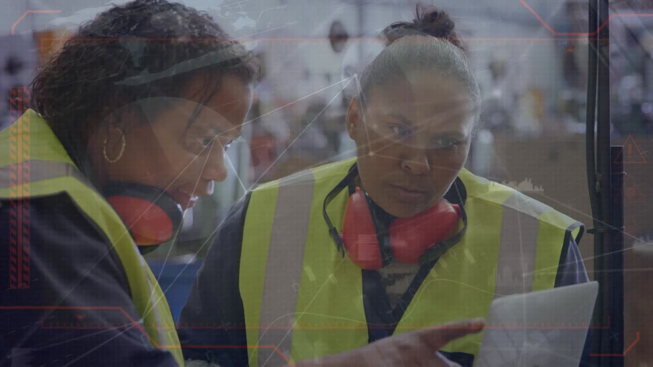 Animation of network of connections and data processing over diverse female workers in warehouse