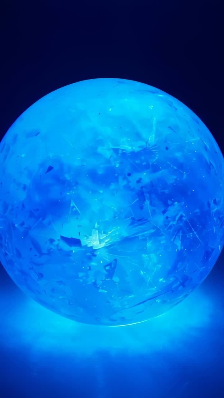 Vertical video: Emitting blue glow crystal sphere intensifying in dark room, revealing inclusions