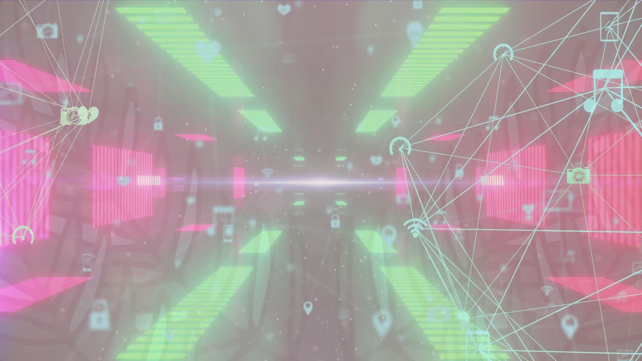Animation of icons and connections over space with neon lights