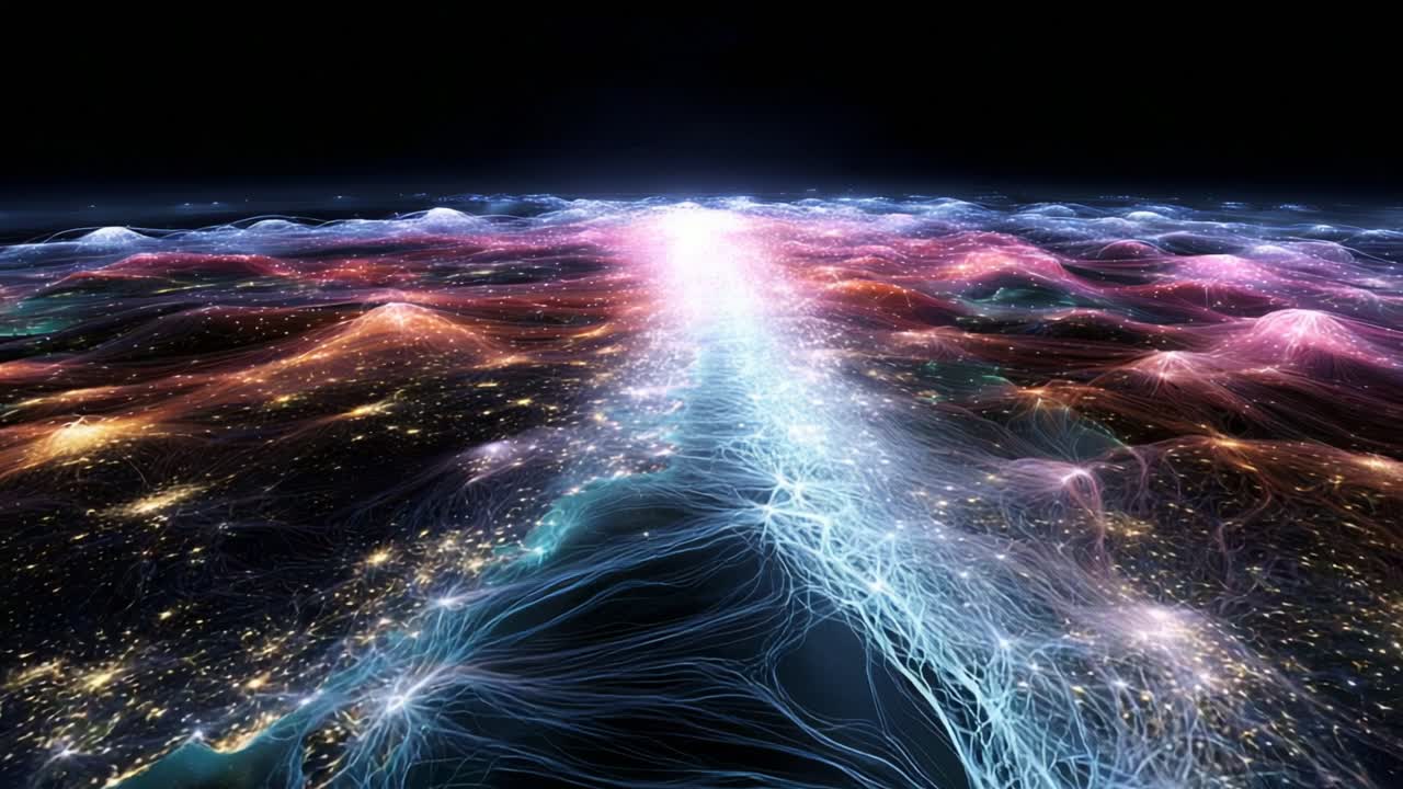 A Stunning Visual Exploration of Cosmic Connections: An Ethereal Display of Light Patterns and Energy Flow Across a Beautifully Rendered 3D Landscape That Evokes the Wonders of the Universe