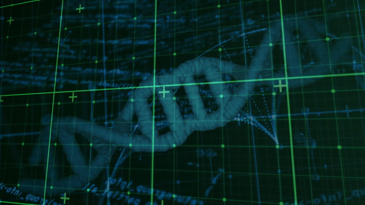 DNA double helix being visualized on digital screen, featuring green grid lines and trajectory arcs