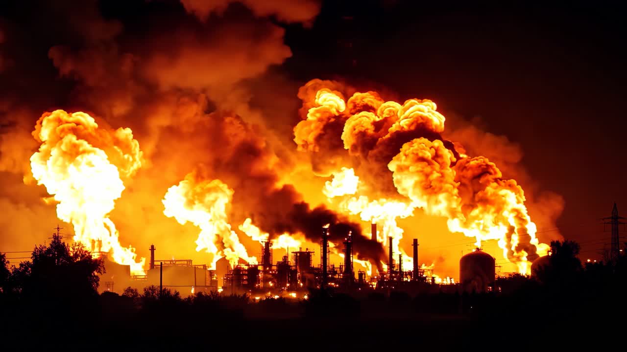 una gran fábrica con mucho humo saliendo de ella por la noche