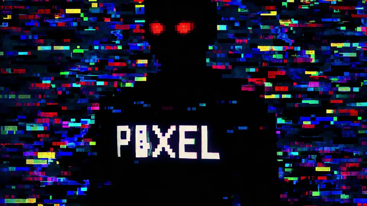 Pixelated phantom with red eyes emerging from a background of colorful digital noise and glitch effect, creating a mysterious and technological atmosphere