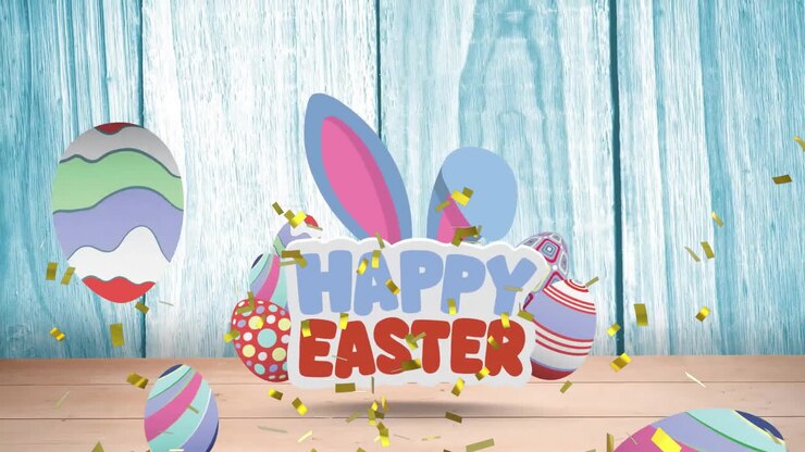 Animation of confetti over happy easter text with eggs on wooden background