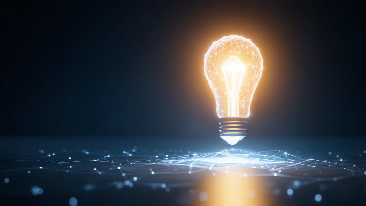 Rappresentazione innovativa di una lampadina che presenta connettività digitale e un concetto di energia, evidenziando creatività e idee in un contesto futuristico.