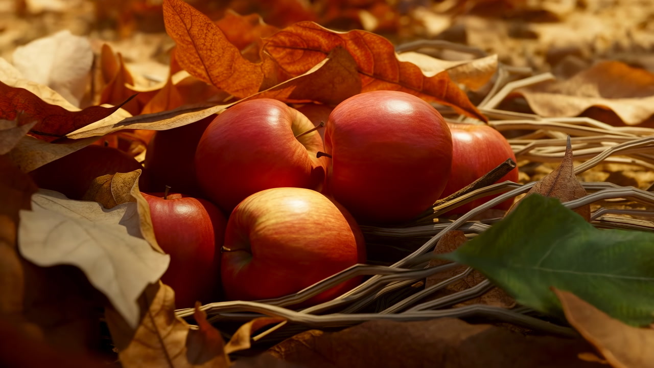 Autumn Apples Nestled Among Dry Leaves, Warm Golden Sunlight Filters Over Wicker Basket And Tangled Vines,