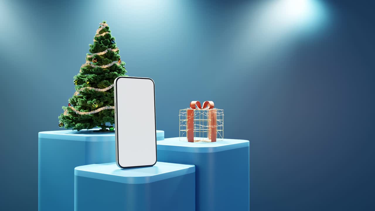 스마트폰, 크리스마스 트리, 그리고 파란색 배경에 포장 된 선물