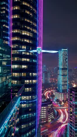 futuristic night cityscape with drone