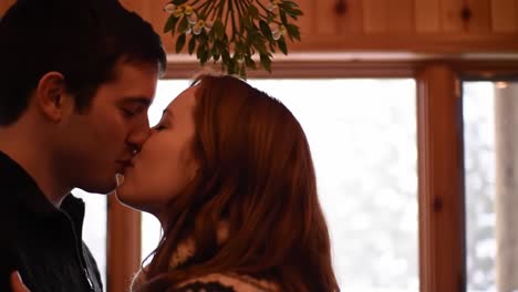 a romantic moment: two friends leaning in for a kiss under mistletoe in a cozy interior, capturing the essence of love and connection during winter season