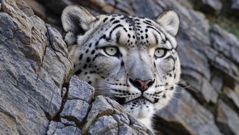 snow leopard peeking from behind rocks
