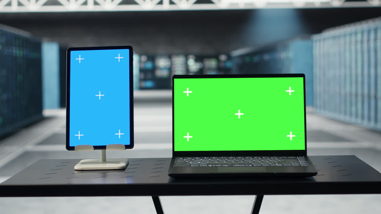 Green screen laptop and mockup tablet used to do maintenance in data center