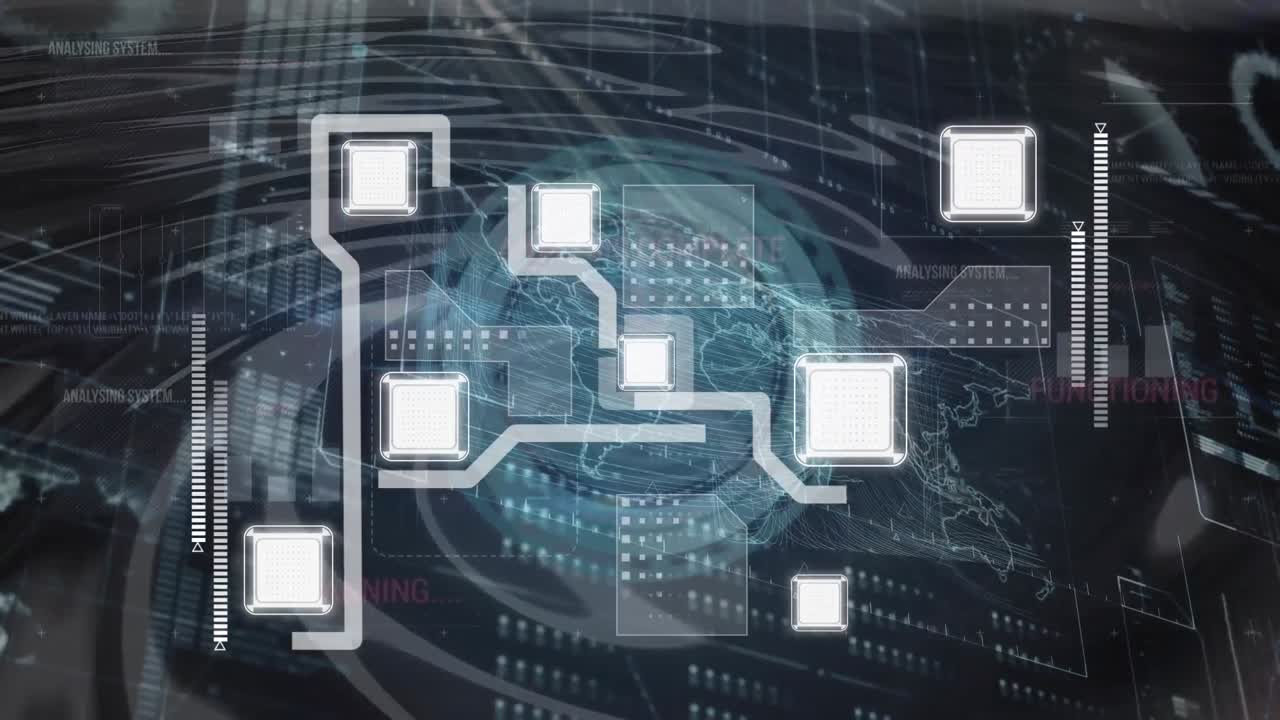 시계와 데이터 처리의 애니메이션 도시 풍경