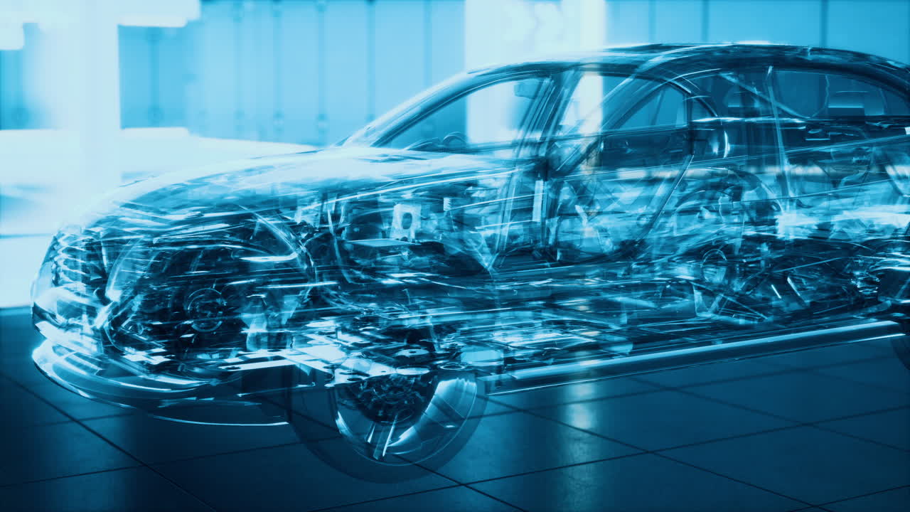 transparent car with engine in laboratory