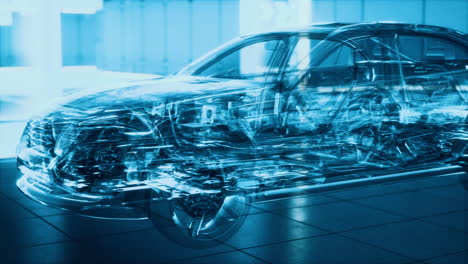 coche transparente con motor en el laboratorio