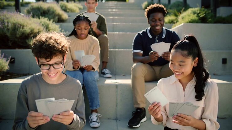 Flipping five students on campus steps prompted by card stacks, reviewing for class in casual dress
