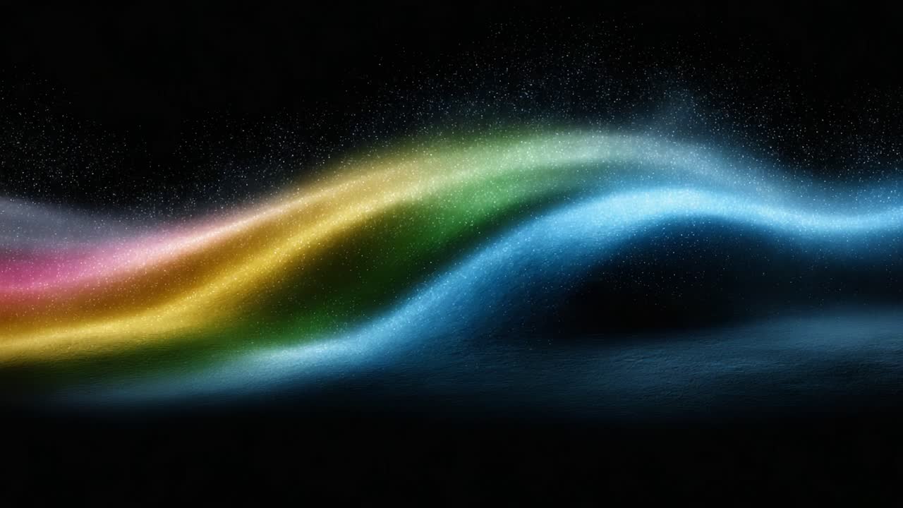 An Ethereal Wave of Colorful Particles Dancing Across a Dark Background, Showcasing a Mesmerizing Blend of Blue, Green, Yellow, and Pink Tones in Fluid Motion