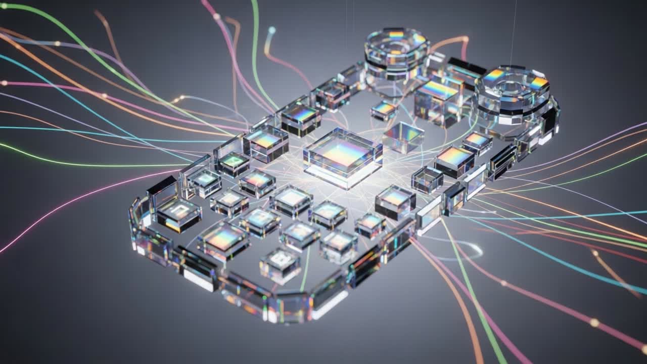 An intricate and vibrant display of a transparent technology device, featuring shimmering circuits and colorful wires, capturing the essence of modern digital innovation