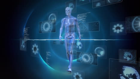 animation of scientific data processing over screens and human body