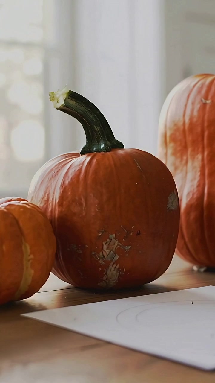 Vertical video: Reaching hands styling three pumpkins on wood table by window, paper for display