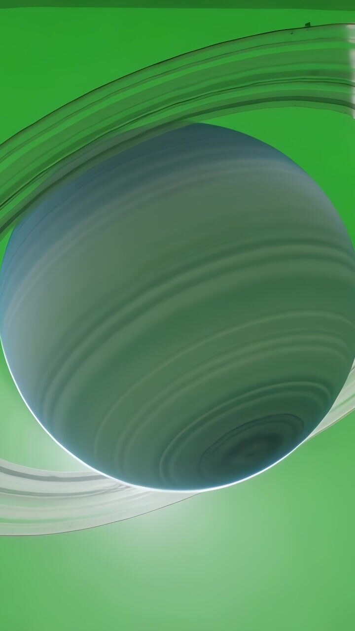Vertical video: Animating ringed planet rotating at center over green backdrop, serving chroma key