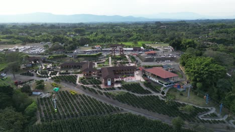 aerial of parque del cafe in quindio colombia with green fields of coffee plants