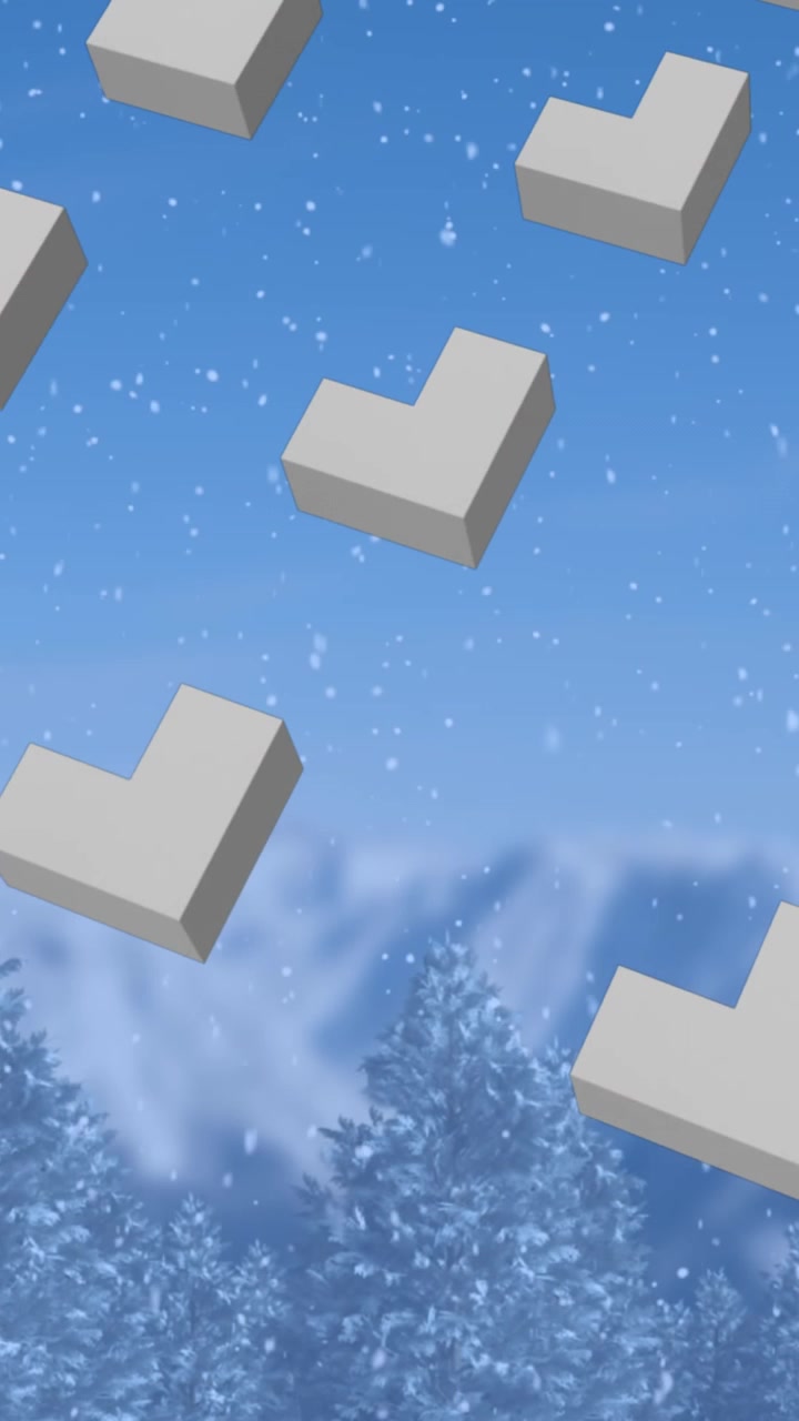 Animation of rows of abstract shapes pattern and christmas snow falling over winter scenery