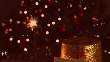animación de estrellas sobre chispas y luces en el árbol de navidad