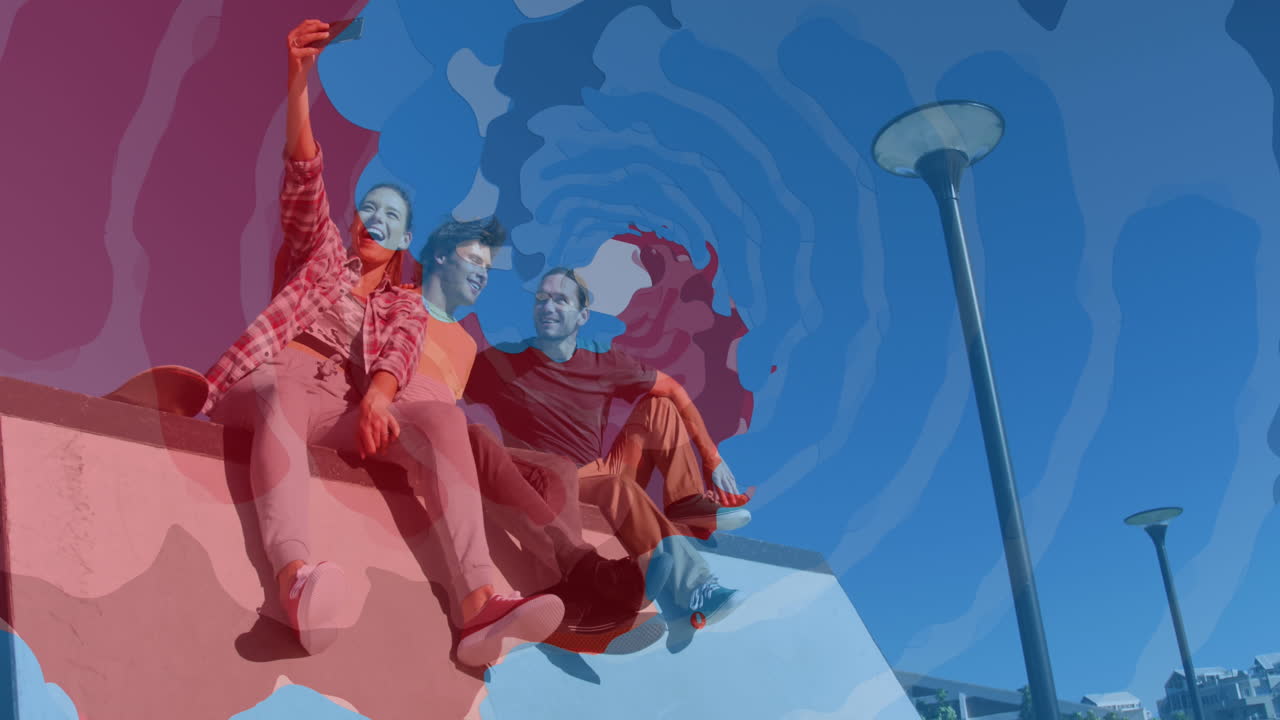 웃는 백인 친구들 위에 다채로운 모양의 애니메이션